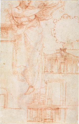 A Draped Female Figure (possibly an Amazon) and Architectural Studies (verso)