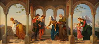 An angel brings St. Catherine to her parents