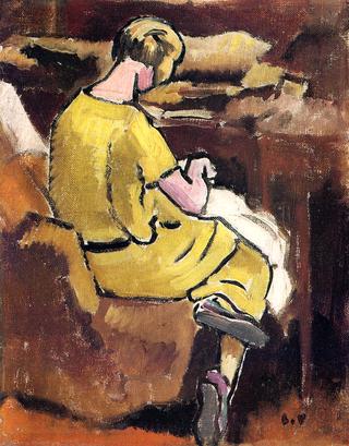 Woman in Yellow Sewing