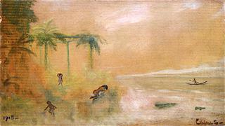 Nude Bathers and Boatman in a South Sea Beach