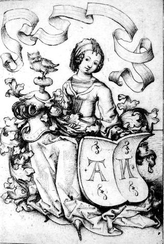 Lady with owl and AN in her escutcheon