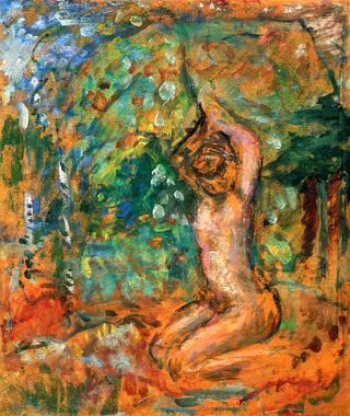 Small Nude, Arms Raised, in a Landscape