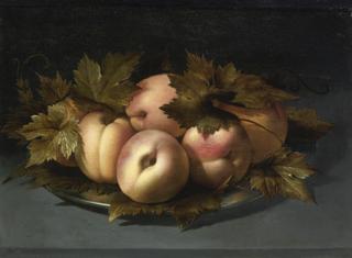 A Still Life of Peaches on a Pewter Plate