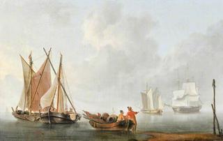 Fishermen and Boats with Two Sailing Ships Beyond