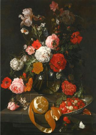 A still-life of roses, poppies, lilies and other flowers in a glass vase on a marble shelf