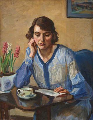 Lady in a Blue Cardigan with Hyacinths