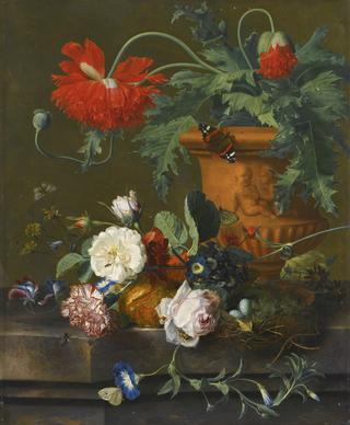 Still Life of Poppies in a Terracota Vase, Roses, a Carnation and Other Flowers