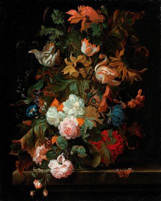 Still Life of Flowers in a Glass Vase with a Butterfly