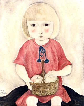 LIttle Girl in a Red Dress with a Basket of Apples