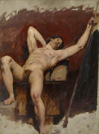 男性裸体躺着，右膝抬高