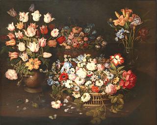 Still life with roses in an Asian bowl with a butterfly and dragonfly