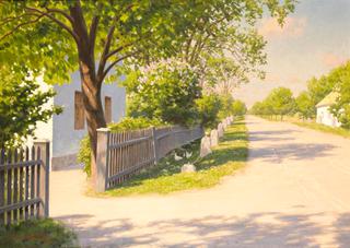 Country lane with chickens and fruit trees