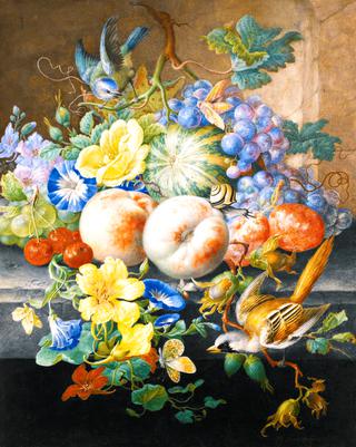 Still Life of Flowers and Fruits, with Two Birds