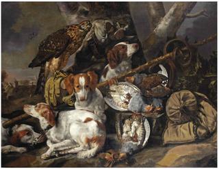 A hunting still life of partridges with four Springer spaniels, a hawk, a game-bag and belt