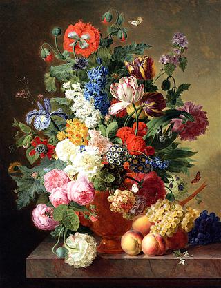 Peonies, Roses, Tulips, an Iris and Other Flowers in an Alabaster Vase on a Stone Ledge with Fruit