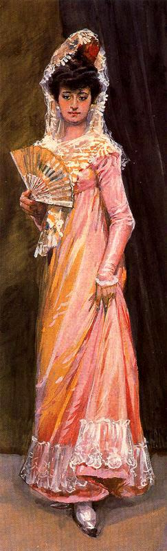 Woman with Fan in Pink Dress