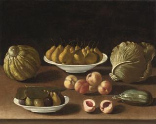 Still life with pears, peaches, figs, a melon, cabbage and marrow