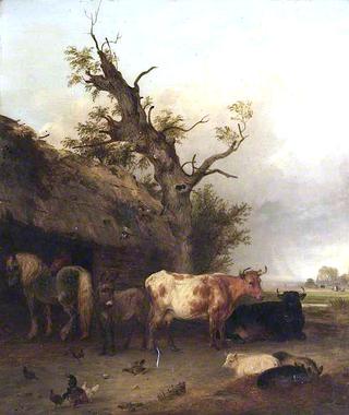 Cattle Shed with Cows and Horses