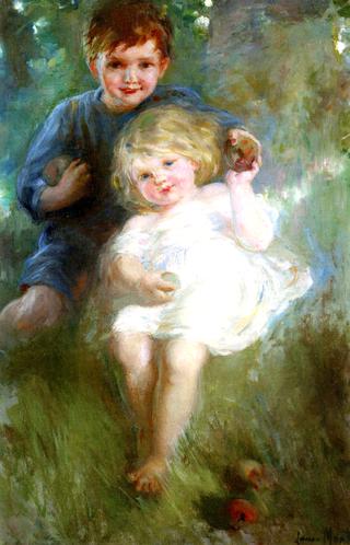 Portrait of Two Children in an Orchard