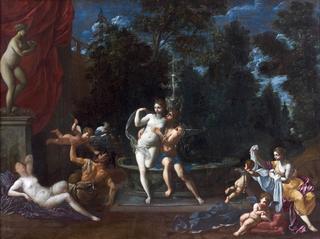 Couple before a Fountain in Landscape with Nymphs and Putti