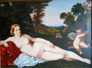 Female Nude with Putto in Nordic Landscape