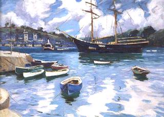 Harbour Scene with Large Sailing Vessel and Small Craft