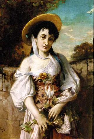 A young beauty with harvested grapes in her apron