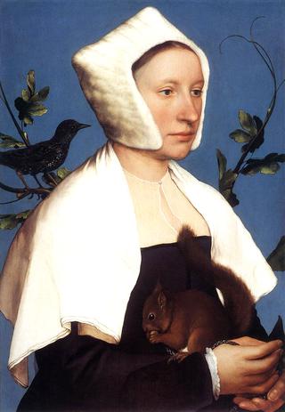 有一只松鼠和一只椋鸟的女士肖像