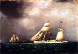 American Steam-Sail Yacht 'Emily' at Sea with Four Schooners off Bow