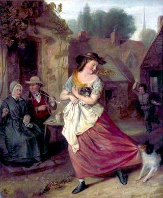 Village Scene with a Girl Carrying a Puppy