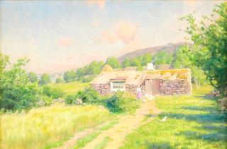 Sunlit summer landscape with girl and chickens