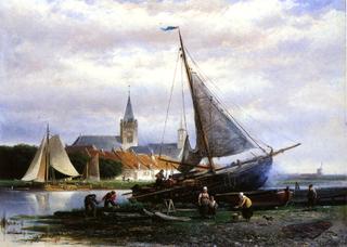 A River Landscape with a Fishing Boat on a Shipyard, a Village Beyond