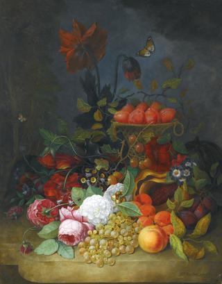 Still Life with Roses and Other Flowers, Plums, Grapes, Apricots and Gooseberries