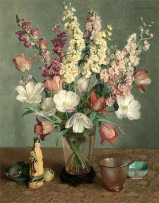 Floral still life with glass and objects