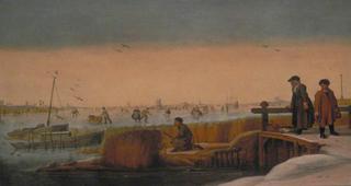 Winter Landscape with Figures on a Bridge, a Hunter and a Skater