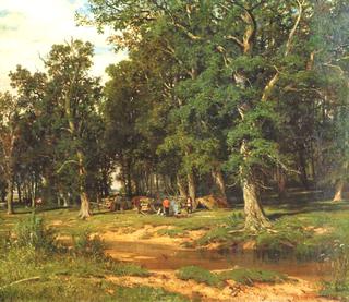 Haymaking in oak grove