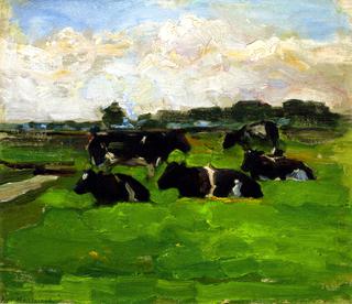 Polder Landscape with Group of Five Cows