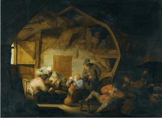 The Interior of a Barn with Peasants Playing Cards around a Stool