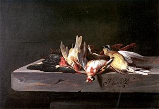 A Gold Finch, a Common Kingfisher and a Hooded Siskin, all on a Stone Ledge