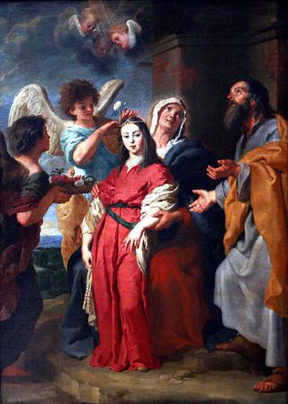 La Vierge adolescente parée par des anges en présence de Joachim et de sainte Anne