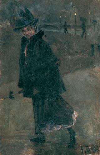 Woman walking with umbrella in nocturnal Berlin