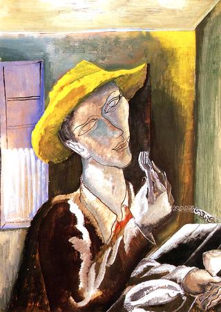 Man in a Yellow Hat with Fork, Glass and Seashell