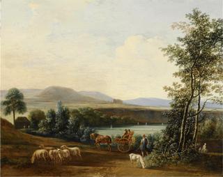 An extensive hilly landscape with a horse-drawn carriage with elegant