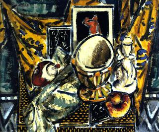 Still LIfe with Candlestick, Brass Bowl, and Yellow Drape