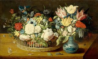 Still life with flowers in a wicker basket and bunch of flowers in a porcelain vase