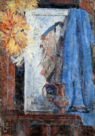 Still Life, a Jug, a Japanese Print and a Blue Drape