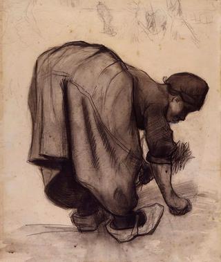 Woman Bending over Picking Grains