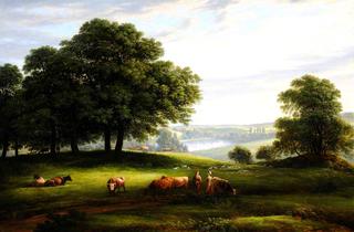 A View of Calke Park with a View of Lower Dog Kennel Pond, Figures, Cattle and Sheep