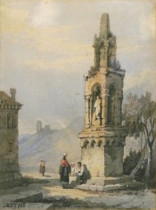 Figures in landscape with monument