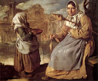 Little Beggar Girl and Woman Spinning